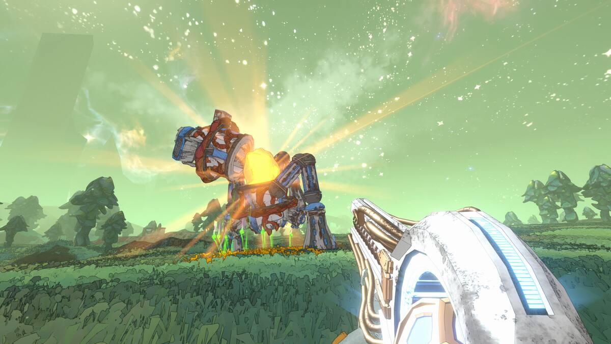 Mycopunk: a first-person view of a chunky gun firing across an alien plain at sunset