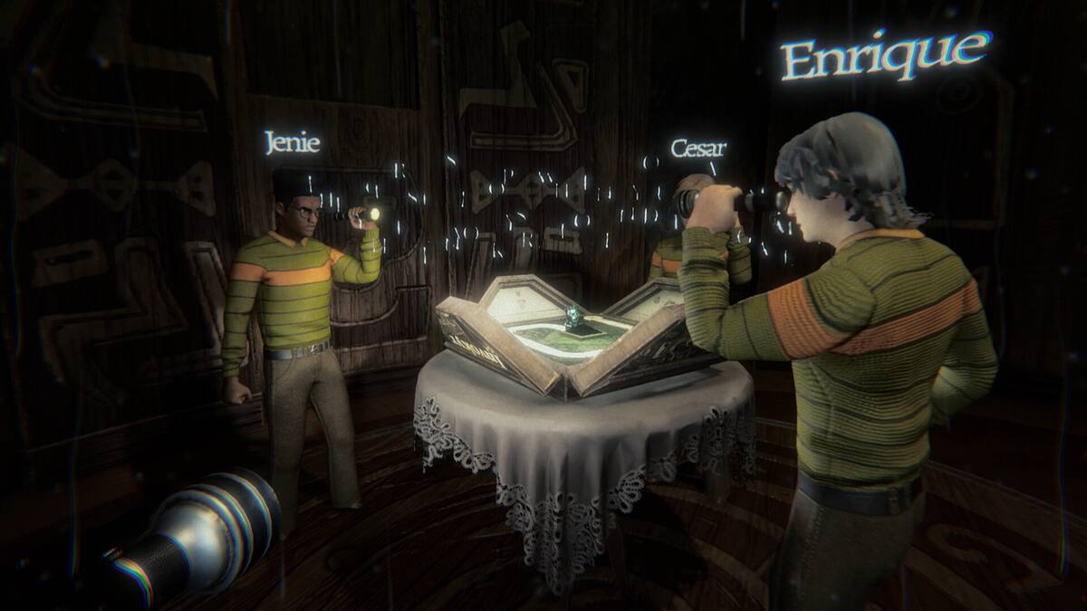 Invokyr: two players with flashlights stand over a glowing board-game book on a table