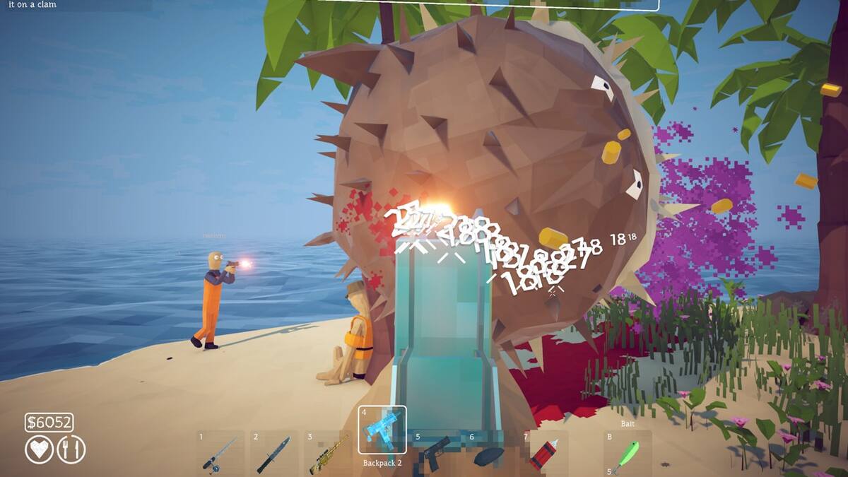 How to Fish: a pufferfish bursts on a beach as a player fires at it