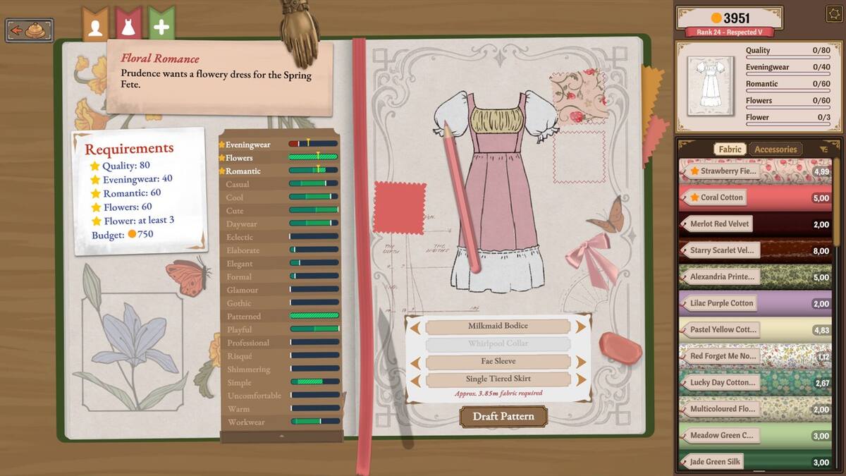 Dressmaker: a pattern sketchbook with a client's requirements beside a dress design