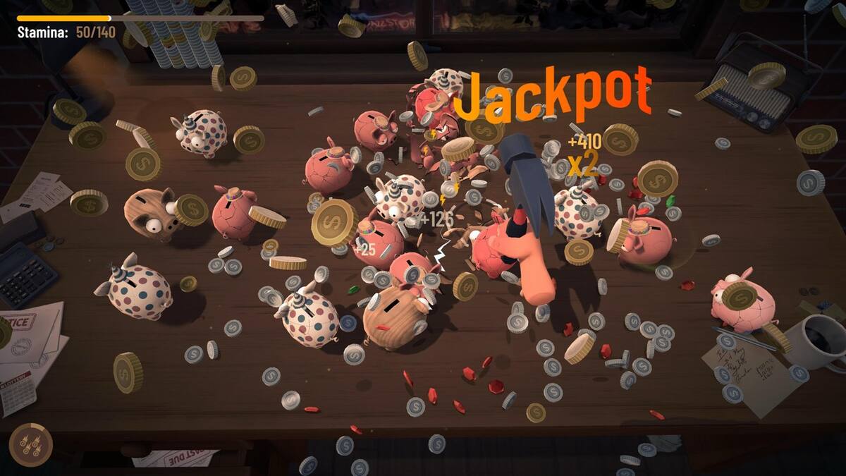 Bills Must Be Paid: piggy banks shatter into coins under a Jackpot banner