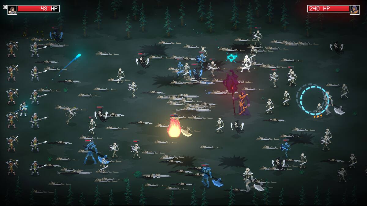 Legion Breaker: a dark battlefield of skeleton hordes with a blue targeting ring and fire effects