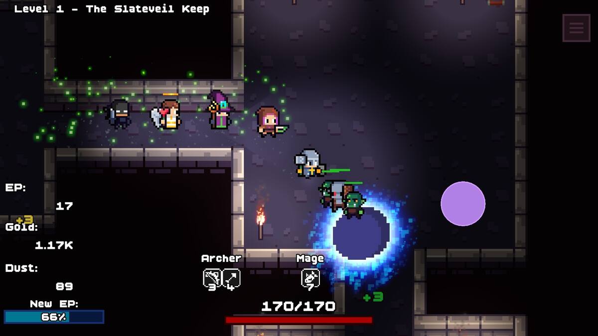 Loop Dungeon: a party of small heroes fights a glowing enemy in a dark dungeon room