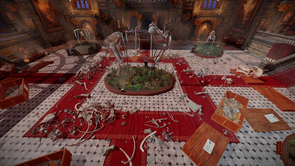DinoBones: a museum hall floor strewn with fossil bones and papers