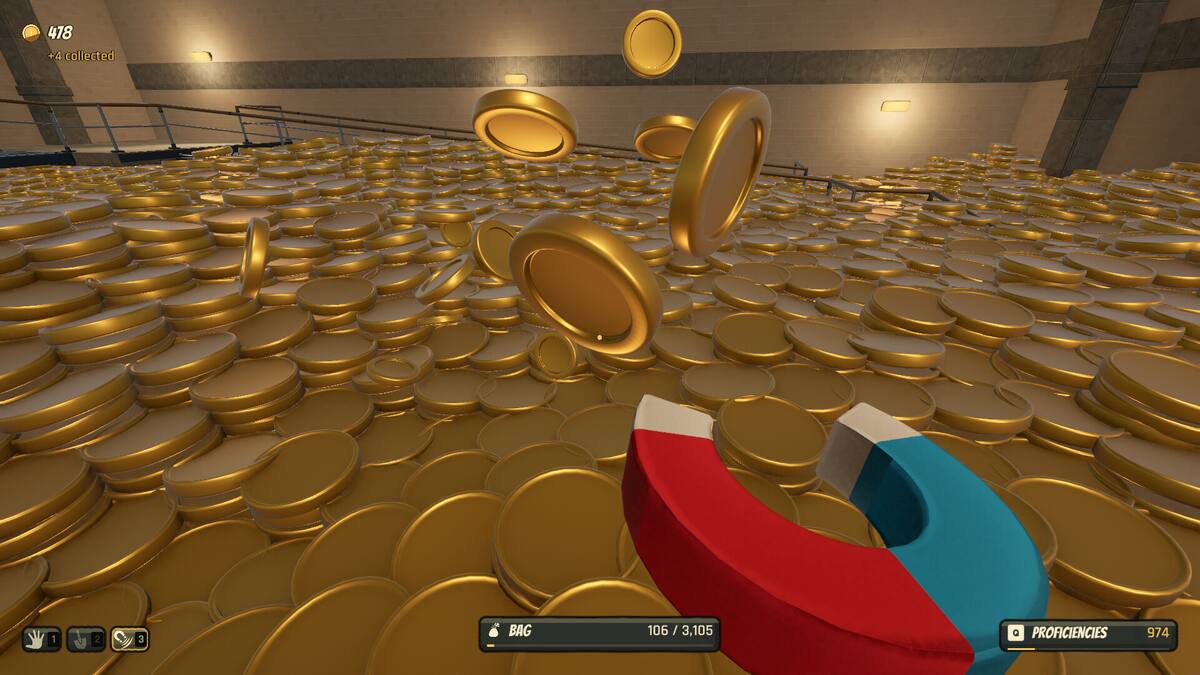 One Million Coins: a first-person view of a horseshoe magnet over a vault floor heaped with gold coins